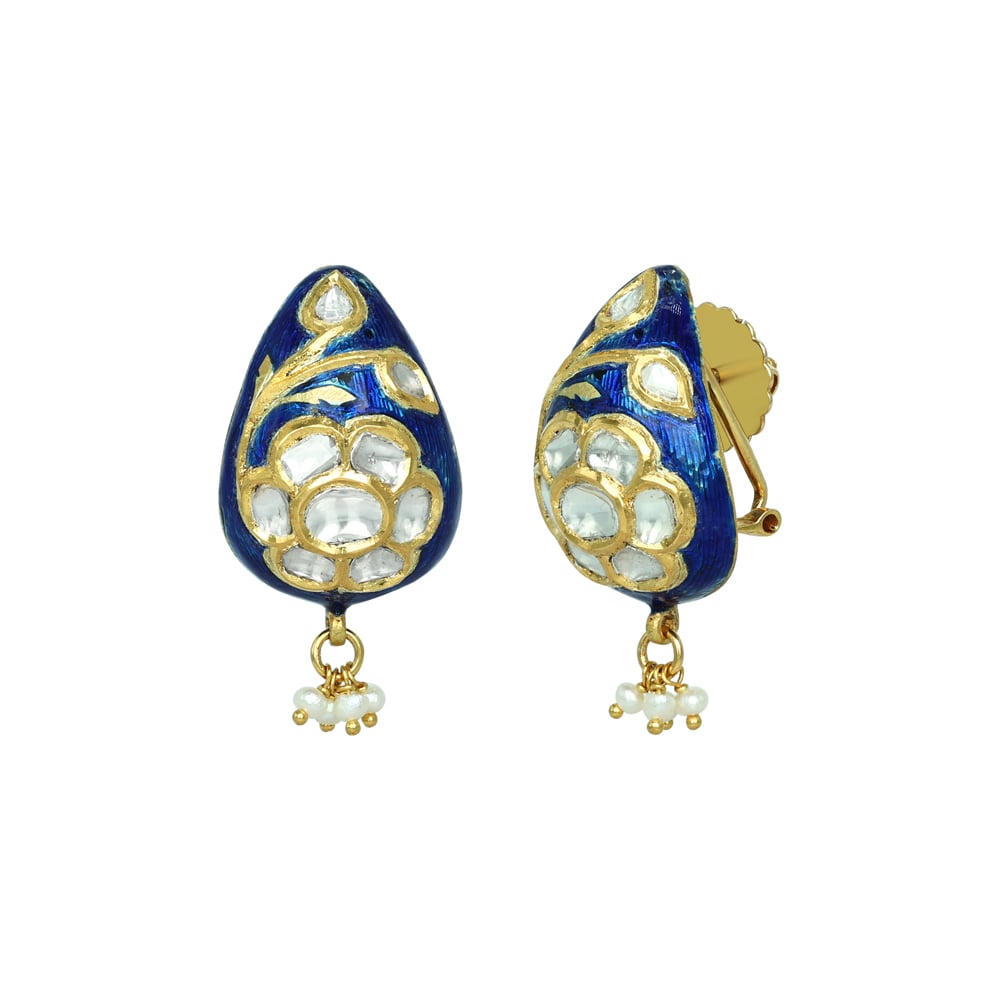 Blue Enamel Polki Earrings with Floral Motif and Pearl Cluster